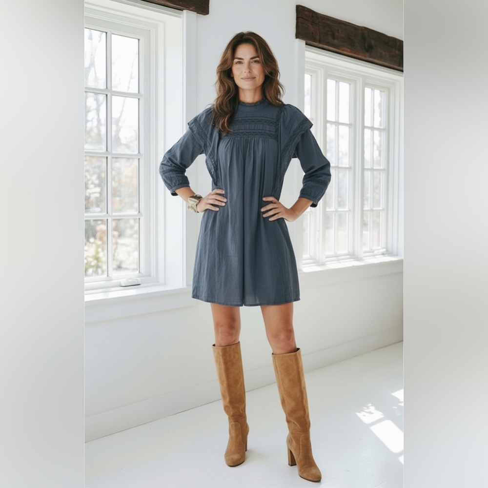 Anthropologie Slate Blue Ruffle-Yoke Mini Dress
